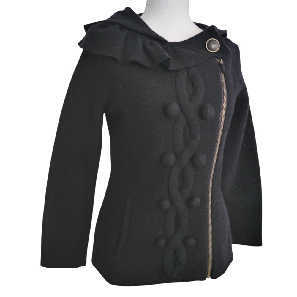 Anthropologie Black Ruffle Collar Zip Sweater Jacket